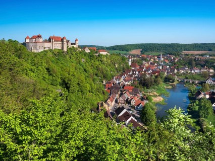 View of Harburg Castle and town on the River Wörnitz, Harburg, Donau-Ries, Swabia, Bavaria, Germany