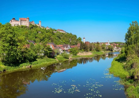 View over the river Wörnitz with water lilies to the castle and the old town with the churches of