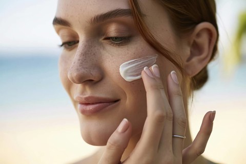 Young woman applying sunscreen on her cheek. Beach portrait capturing sun care and summer serenity.