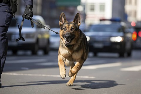 German Shepherd police dog in full sprint. Action-packed side view capturing strength, focus, and