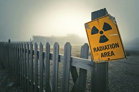 Broken fence with damaged Radiation Area warning sign. Foggy post-apocalyptic landscape in