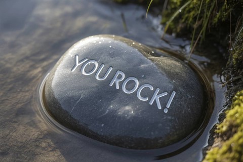 Close-up of a textured rock partially submerged in clear water with the engraved message You rock!