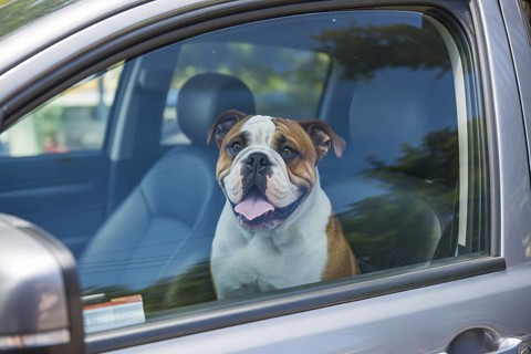 Bulldog trapped inside a car with closed window on a hot summer day. Concept of dangerous