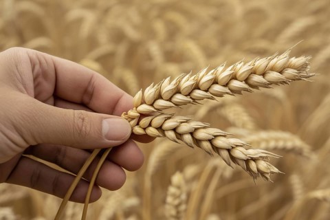Man's hand holding wheat grains in front of golden wheat field at harvest time. Generative ai, AI