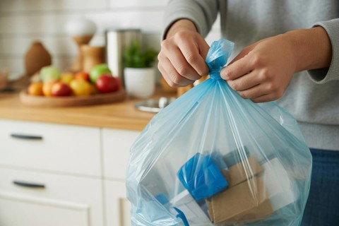 A person tying up a garbage bag in a home kitchen as part of daily waste disposal. Generative ai,