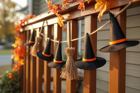 Halloween garland with tiny felt witches' hats and broomsticks on wooden porch railing decorated