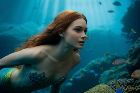 Red haired mermaid swimming underwater with tropical fish in blue ocean. Generative ai, AI