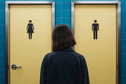 Back view of transgender woman standing in front of men's and women's bathroom doors. Concept of