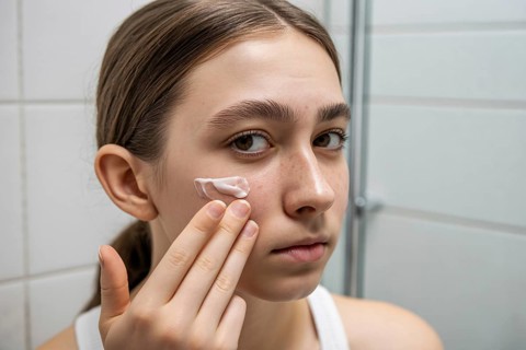 Teenager applying skin cream in bathroom. Honest daily skincare and self-care routine. Generative