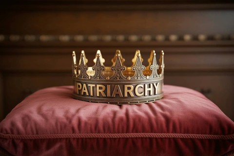 Golden crown with the word Patriarchy resting on a red cushion. Symbol of power and societal