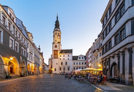 Night-time view of Untermarkt - Lower Market Square and the Old Town Hall Clock Tower, Görlitz,