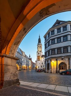 View of the Lower Market Square with the Old Town Hall Clock Tower and Waage building, Görlitz,