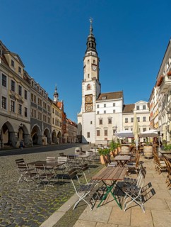 View of Untermarkt - Lower Market Square and the Old Town Hall Clock Tower, Görlitz, Goerlitz,