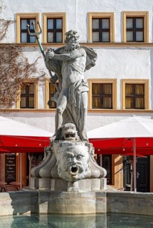 Close-up of statue of Neptune fountain at Untermarkt - Lower Market Square, Görlitz, Goerlitz,