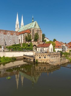 View of the Lusatian Neisse river and Peterskirche - St. Peter and Paul church, Görlitz, Goerlitz,
