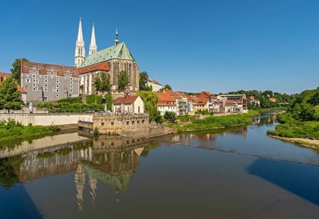 View of the Lusatian Neisse river and Peterskirche - St. Peter and Paul church, Görlitz, Goerlitz,