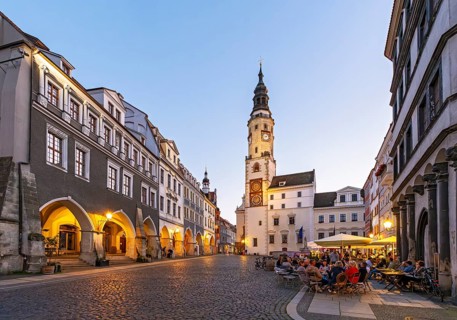 View of Untermarkt - Lower Market Square and the Old Town Hall Clock Tower, Görlitz, Goerlitz,