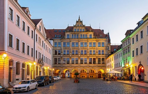 View of the Lower Market Square and the New Town Hall of Görlitz by night, Goerlitz, Germany