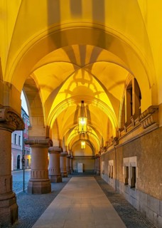 Arcade of New Town Hall of Görlitz at night, Untermarkt, Goerlitz, Germany