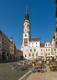 View of Untermarkt - Lower Market Square and the Old Town Hall Clock Tower, Görlitz, Goerlitz,