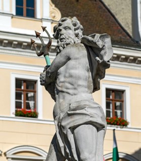 Close-up of statue of Neptune fountain at Untermarkt - Lower Market Square, Görlitz, Goerlitz,