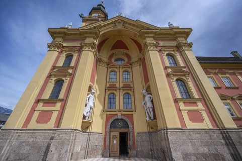 Main faÃ§ade with entrance portal of Wilten Abbey, Klostergasse 7, Wilten, Innsbruck, Austria