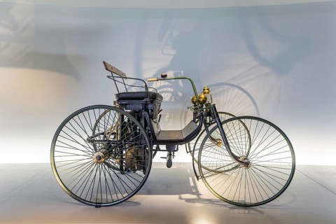 Daimler Motor-Quadricycle steel-wheeled carriage from 1889. The Mercedes-Benz Museum in Stuttgart
