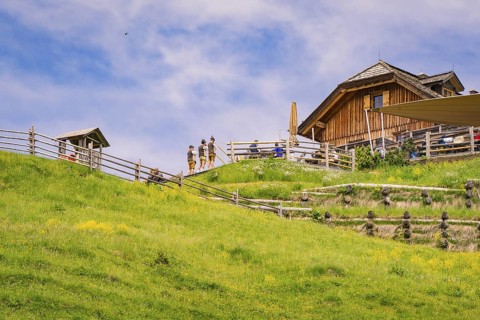 A wooden hut stands on a grassy slope, surrounded by traditional wooden structures, Zallinger Alm,