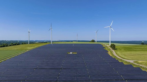 Landscape in the Swabian Alb near Amstetten. Wind farm and solar field. Amstetten,
