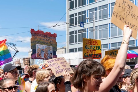 Various signs at Christopher Street Day in Leipzig on 28 June 2025. While other CSDs are sometimes