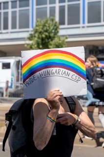 Participant with sign Pride: Hungarian CSD at Christopher Street Day in Leipzig on 28 June 2025.