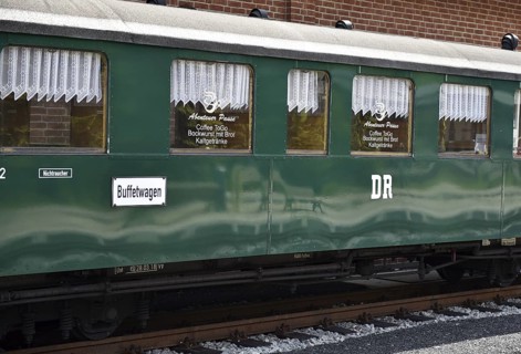 Buffet car, dining car of the Raging Roland on RÃ¼gen, Mecklenburg-Western Pomerania, Germany