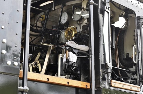 Engine driver's cab of the Raging Roland, steam locomotive, on RÃ¼gen, RÃ¼gen,