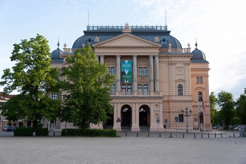 Front view of the Mecklenburg State Theatre in Schwerin, Mecklenburg-Western Pomerania, Germany