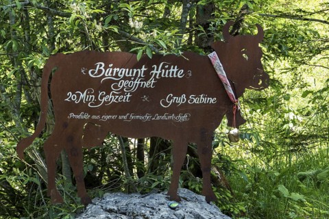 Signpost to the BÃ¤rgunt HÃ¼tte, BÃ¤rgunttal, near Baad, Kleinwalsertal, AllgÃ¤u Alps, Vorarlberg,