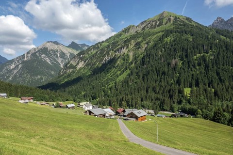 View of Baad, BÃ¤renkopf at the back, Kleinwalsertal, Vorarlberg, AllgÃ¤u Alps, Austria