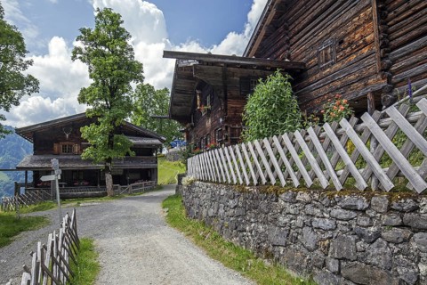 Old farmhouses in the historic mountain farming village of Gerstruben, Dietersbachtal, near