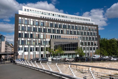 The modern office building of the Federal Press Conference in Berlin-Mitte rises strikingly on the