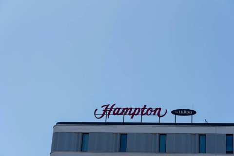 Hampton by Hilton hotel lettering, hotel in Berlin, Germany
