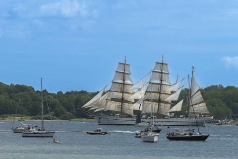 Windjammer parade 2025 on the Kiel Fjord at the end of Kiel Week, tall ships, three-master, sail
