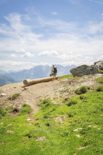 A hiker sits on a tree trunk with a wide view over the mountain landscape, Schlehrn hike, Alpe di
