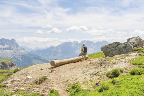 Hiker sitting on a tree trunk with a wide view over the mountains and valleys, Schlehrn hike, Alpe