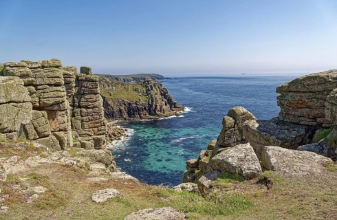 Rock formation off the west coast of England on the Atlantic Ocean. Land's End, the tip of the