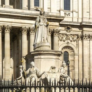 Queen Anne statue, St Paul's cathedral church, City of London, England, UK monarch in 1710 when
