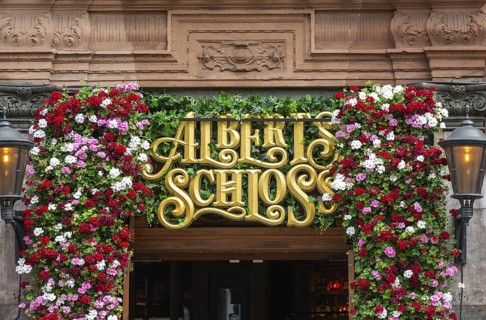 Sign for Albert's Schloss, bar beer hall restaurant, Shaftesbury Avenue, central London, England,