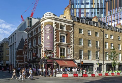 The Flying Horse pub on corner of Sun Street and Wilson Street, City of London, England, UK