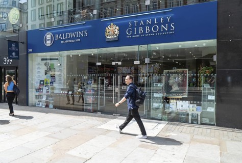 Stanley Gibbons and Baldwin's stamp collecting shop, Strand, central London, England, UK