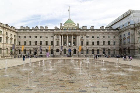 Water fountains in courtyard of Somerset House, Strand, City of Westminster, central London,