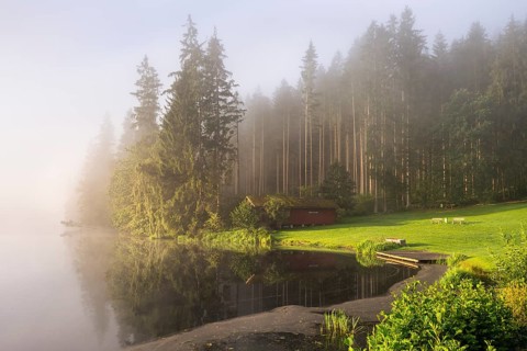 Lake Blaibach on a misty morning with sunshine. Blaibach, district of Cham, Upper Palatinate,