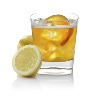 Cocktail in a tumbler on ice with half a slice of orange and lemons as garnish against a white